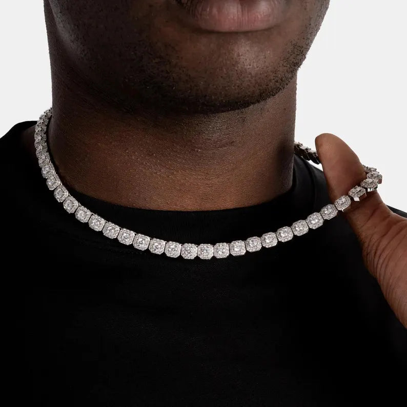 CZ Iced Out 7mm Diamond Cluster Tennis Chain: White Gold Necklace