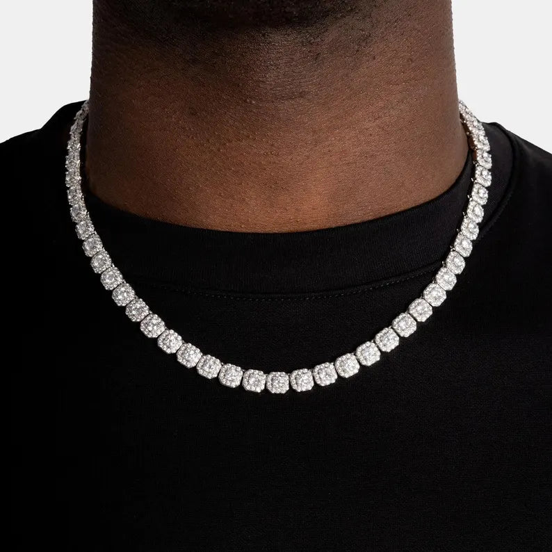 CZ Iced Out 7mm Diamond Cluster Tennis Chain: White Gold Necklace