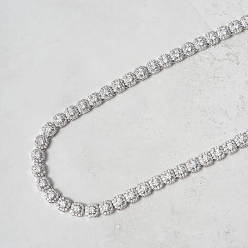 CZ Iced Out 7mm Diamond Cluster Tennis Chain: White Gold Necklace