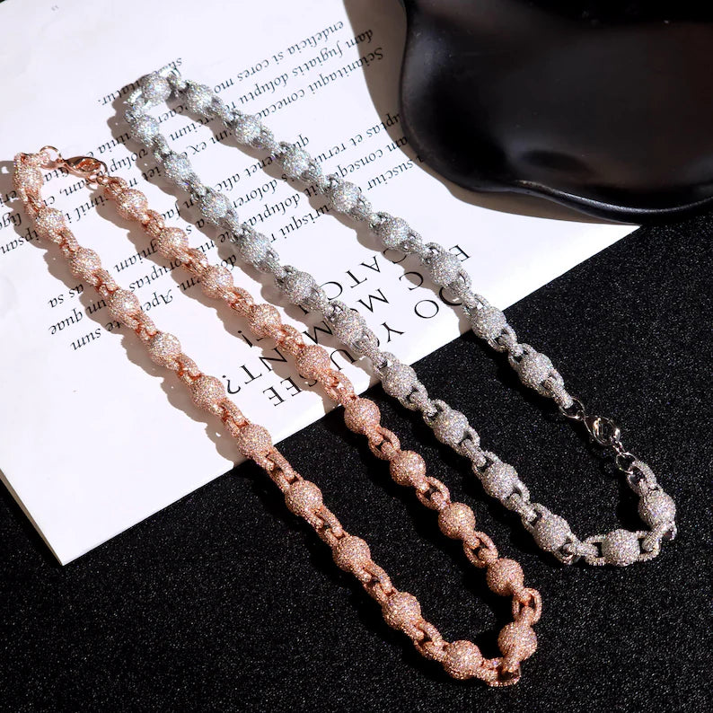 10mm Full Iced Out Ball Bead Necklace 925 Silver Base Moissanite 14k Gold Plated 18 - 24"