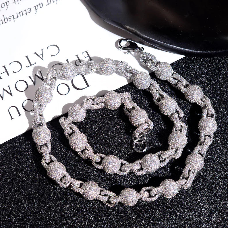 10mm Full Iced Out Ball Bead Necklace 925 Silver Base Moissanite 14k Gold Plated 18 - 24"