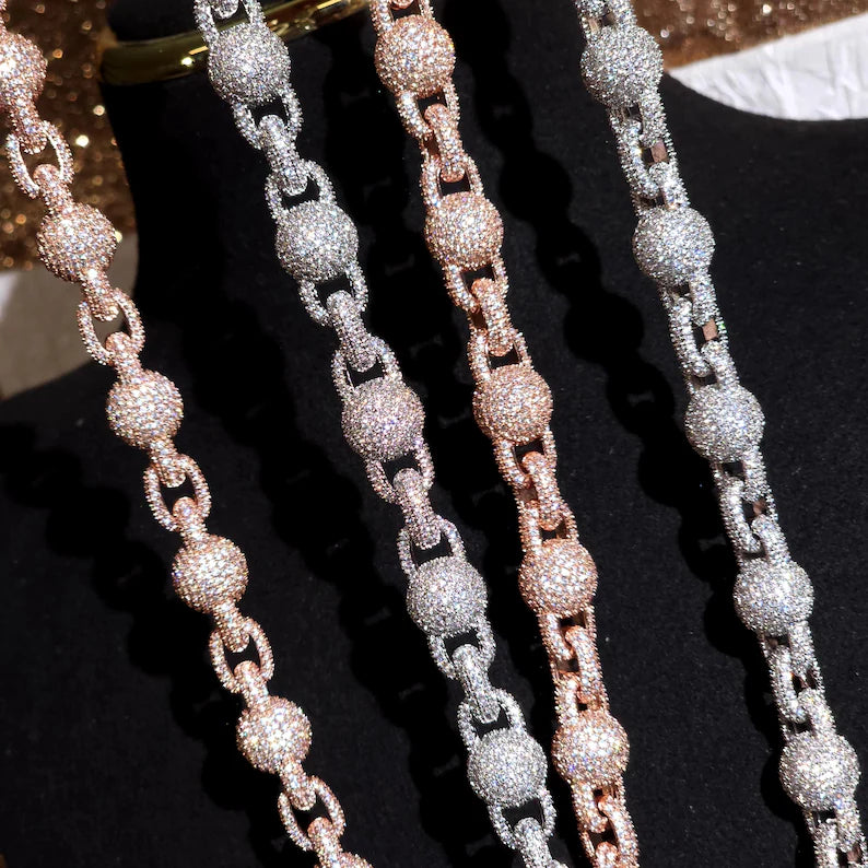 10mm Full Iced Out Ball Bead Necklace 925 Silver Base Moissanite 14k Gold Plated 18 - 24"