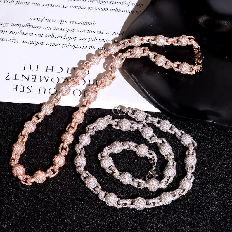 10mm Full Iced Out Ball Bead Necklace 925 Silver Base Moissanite 14k Gold Plated 18 - 24"