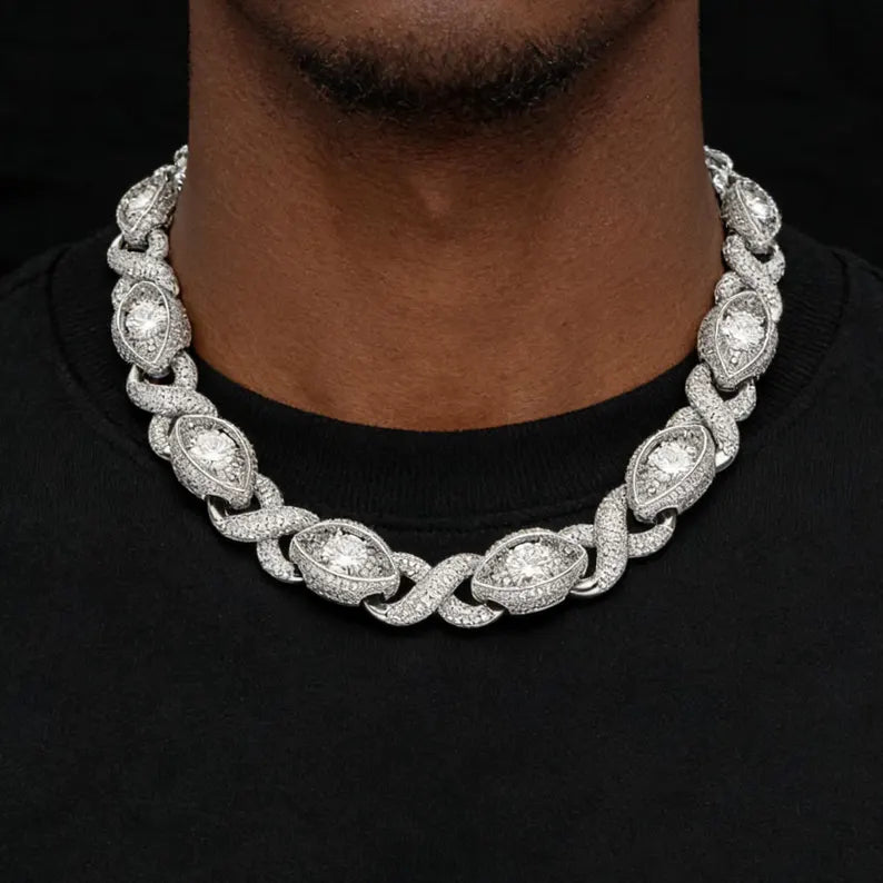 Iced Out Moissanite Evil Eye Infinity Link Necklace 14k Gold or Silver Plating