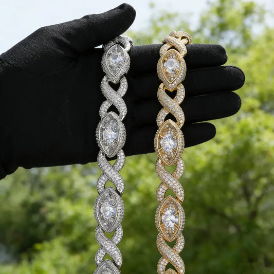 Iced Out Moissanite Evil Eye Infinity Link Necklace 14k Gold or Silver Plating