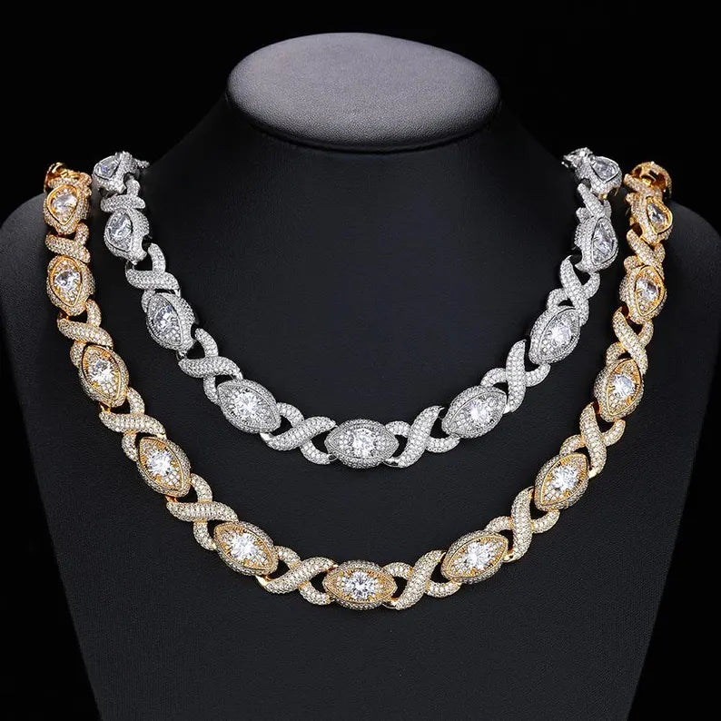 Iced Out Moissanite Evil Eye Infinity Link Necklace 14k Gold or Silver Plating