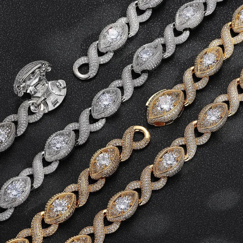 Iced Out Moissanite Evil Eye Infinity Link Necklace 14k Gold or Silver Plating