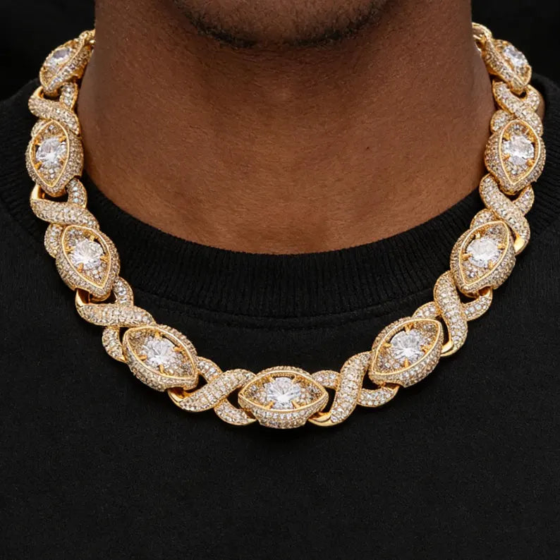 Iced Out Moissanite Evil Eye Infinity Link Necklace 14k Gold or Silver Plating