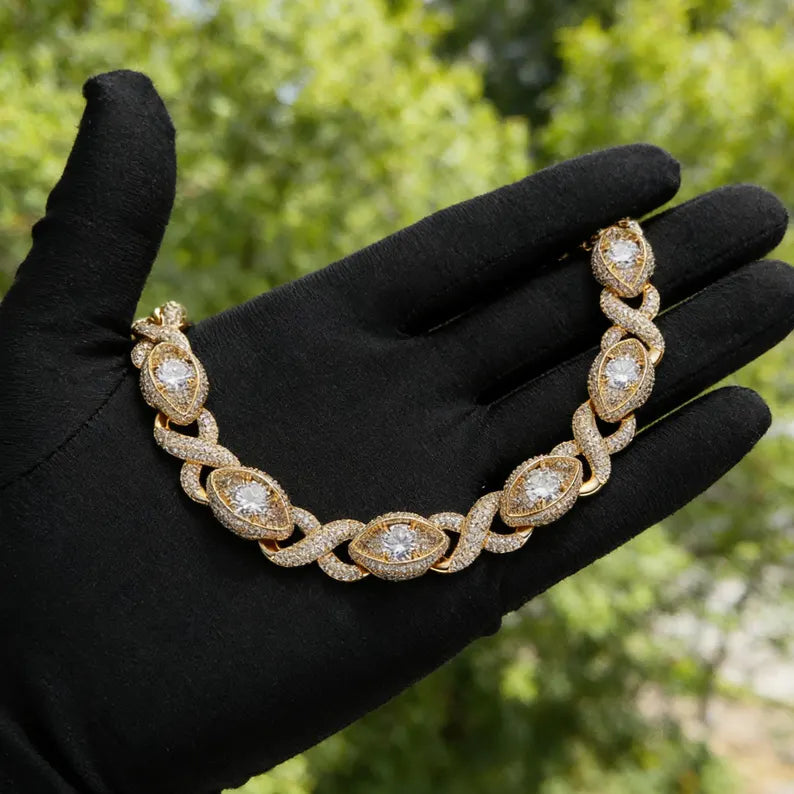 Iced Out Moissanite Evil Eye Infinity Link Necklace 14k Gold or Silver Plating