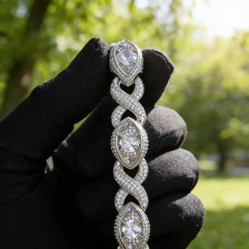 Iced Out Moissanite Evil Eye Infinity Link Necklace 14k Gold or Silver Plating