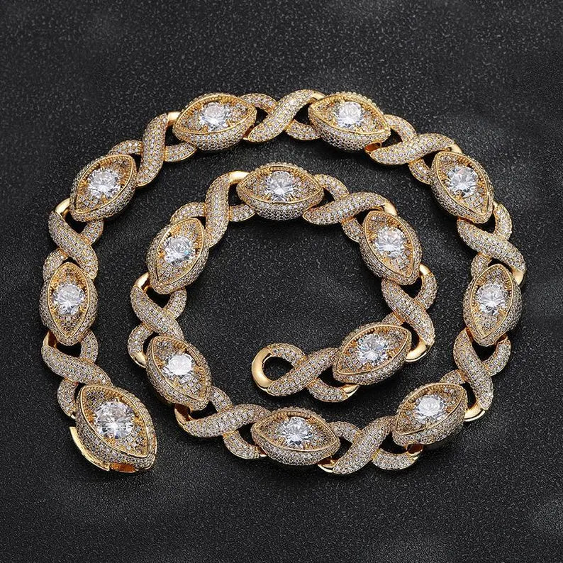 Iced Out Moissanite Evil Eye Infinity Link Necklace 14k Gold or Silver Plating