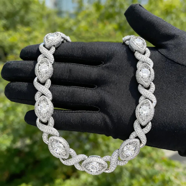 Iced Out Moissanite Evil Eye Infinity Link Necklace 14k Gold or Silver Plating