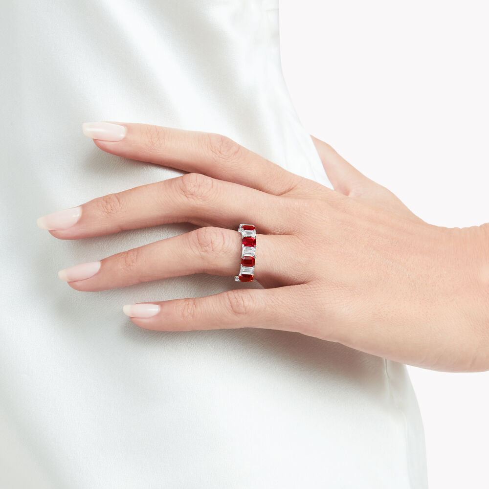 Modern Emerald Cut Ruby and Diamond Ring